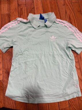 adidas Mint Green Polo with Pink Shoulder Stripes
